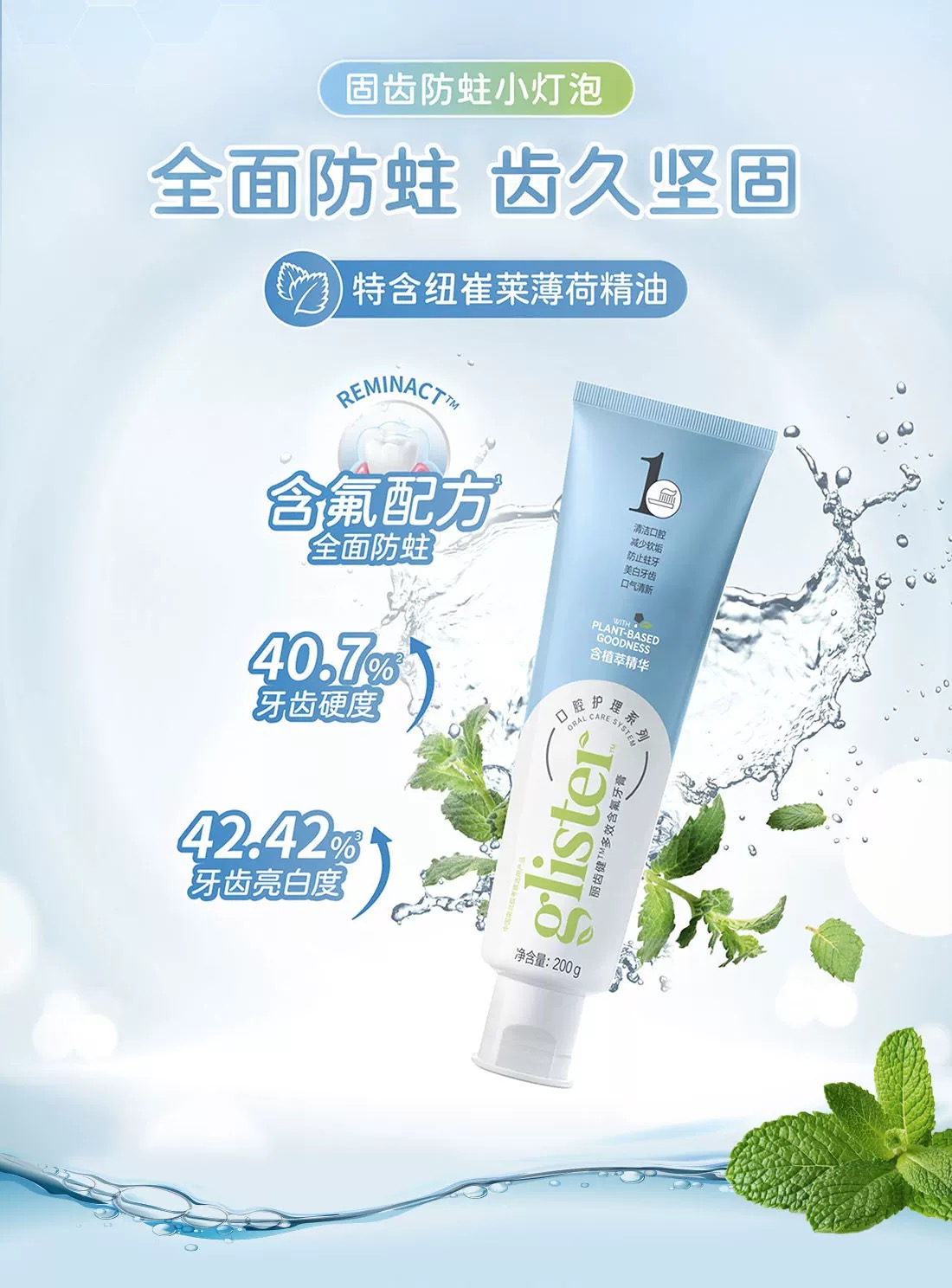 白茶薄荷味多效含氟牙膏清新口气去渍亮白健齿防蛀清爽坚固护理