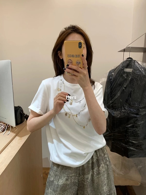 egg 夏上新简约博主调性手工串珠项链图案短袖T恤