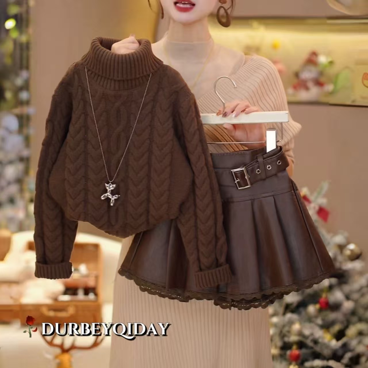 女童2026冬季新款韩版纯色洋气毛衣百搭花边皮裙套装6035