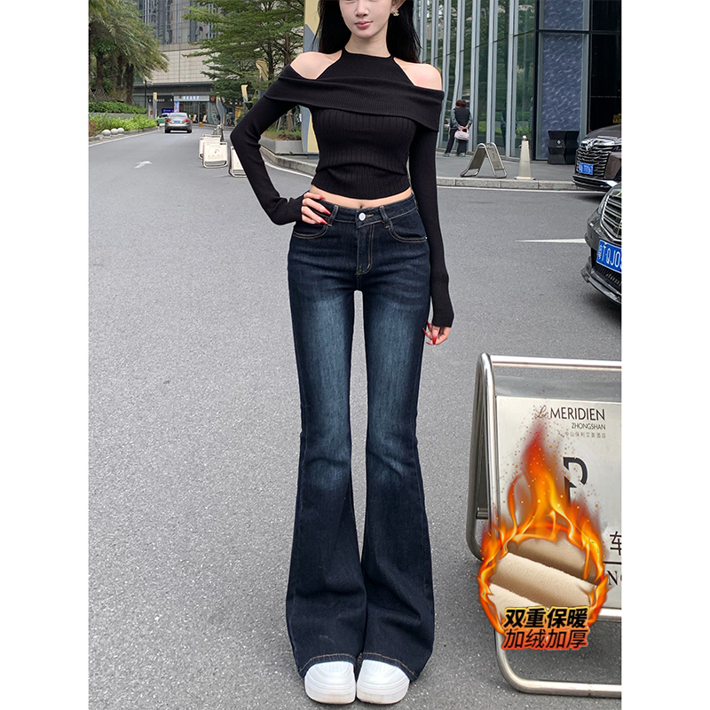 加绒加厚中低腰微喇牛仔裤女2025年冬季新款气质性感修身显瘦长裤