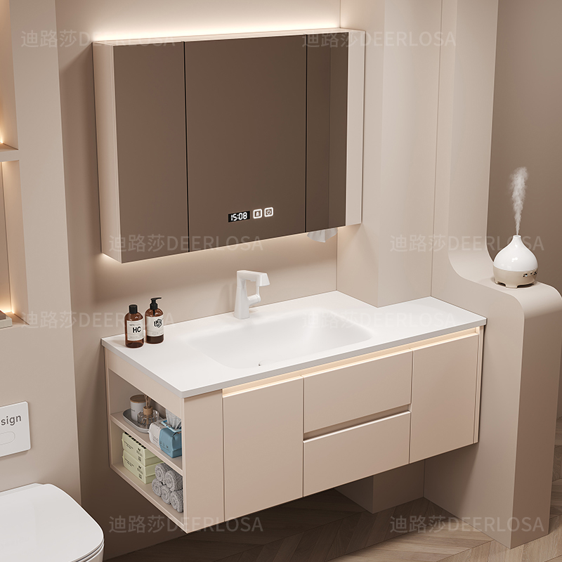 定制切角岩板无缝盆通顶镜柜陶瓷一体盆切割隐藏折叠镜马桶侧收纳