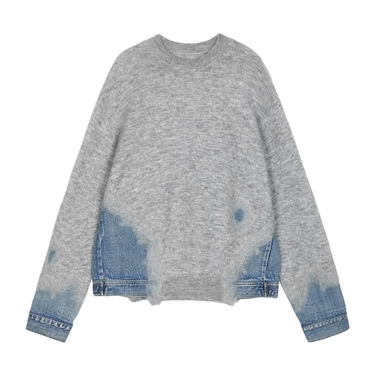 【牛仔拼布】拼接常规毛针织衫灰蓝落肩衫宽松长袖水洗复古个性秋冬
