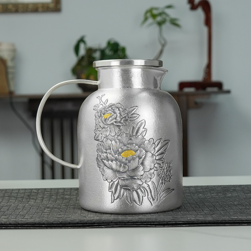 银制品 银水瓶999足银凉水壶家用商用办公用国色天香泡煮茶银水壶