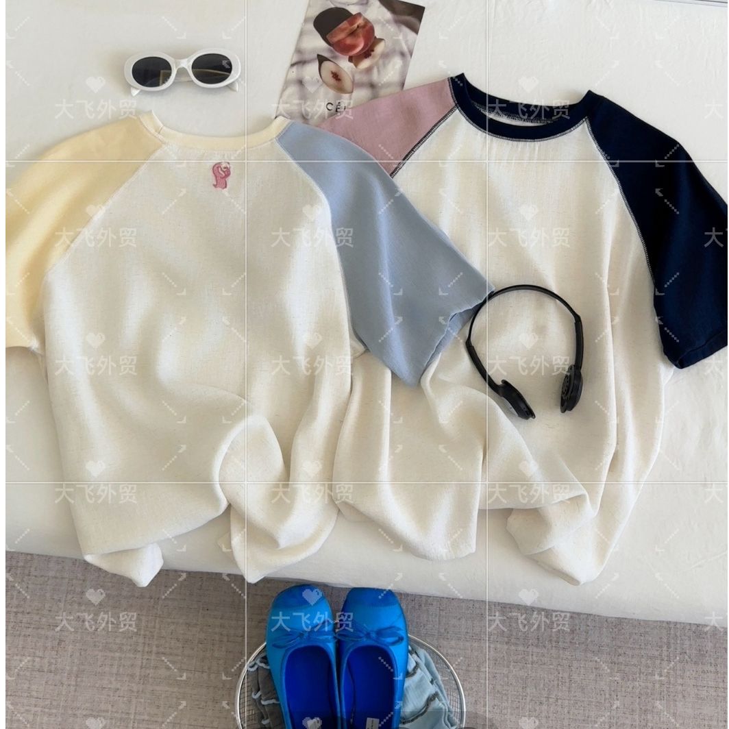 【天丝亚麻&火烈鸟拼接撞色Tee】夏季火烈鸟刺绣亚麻拼接撞色TDF152