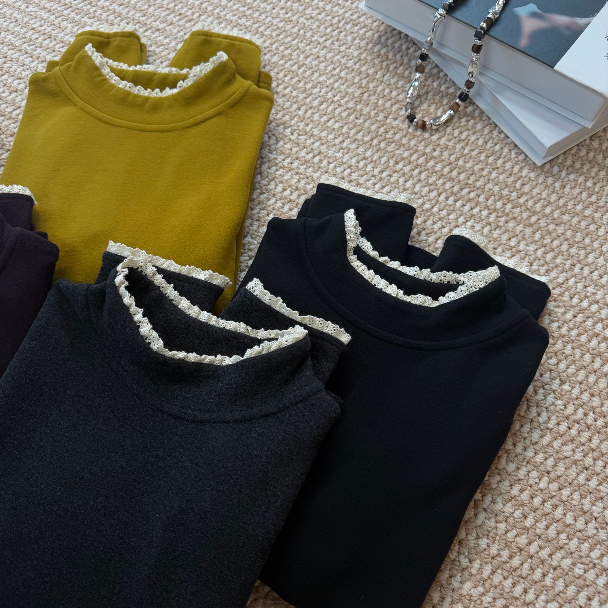 8118加厚纯色花边半高领打底衫秋冬拼接保暖精致内搭