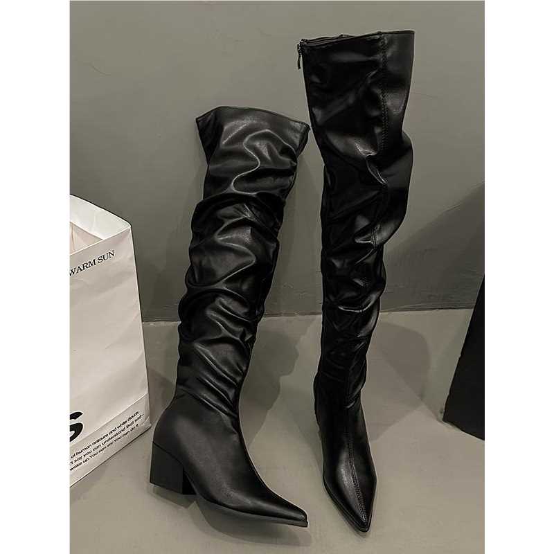 黑色高级感骑士靴女款秋冬季新款时尚尖头堆堆靴粗跟显瘦高筒长靴