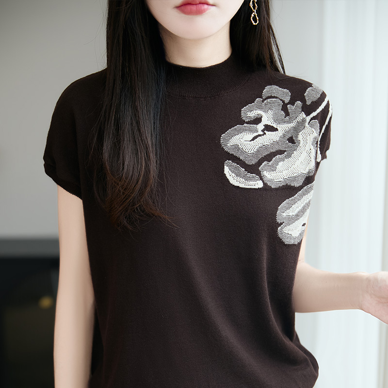 高定提花设计~女士春秋百搭女装圆领毛针织衫短袖女毛衣套头款