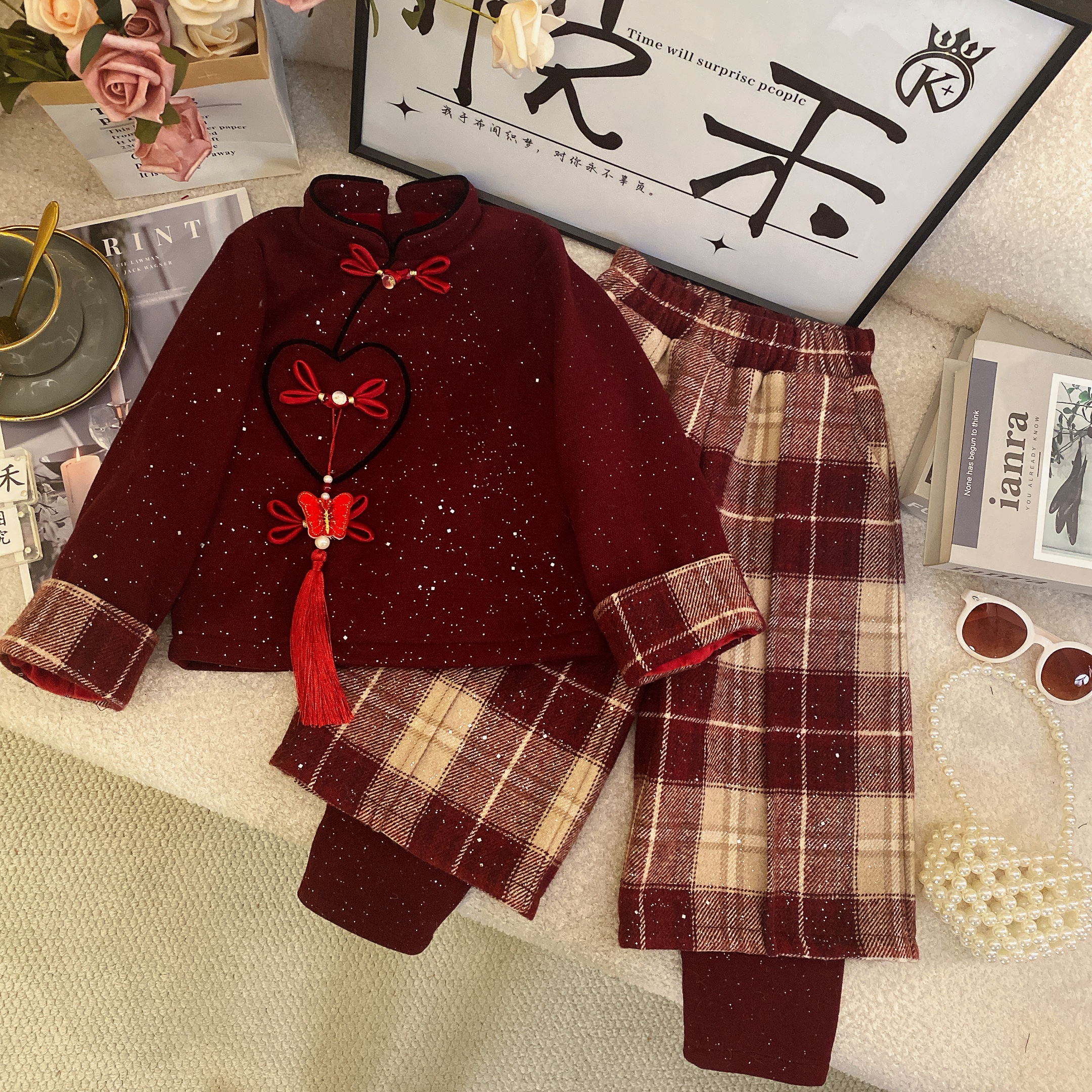 T2【悦禾】女童新款红色秋冬韩版百搭洋气加厚童装衣套装60192