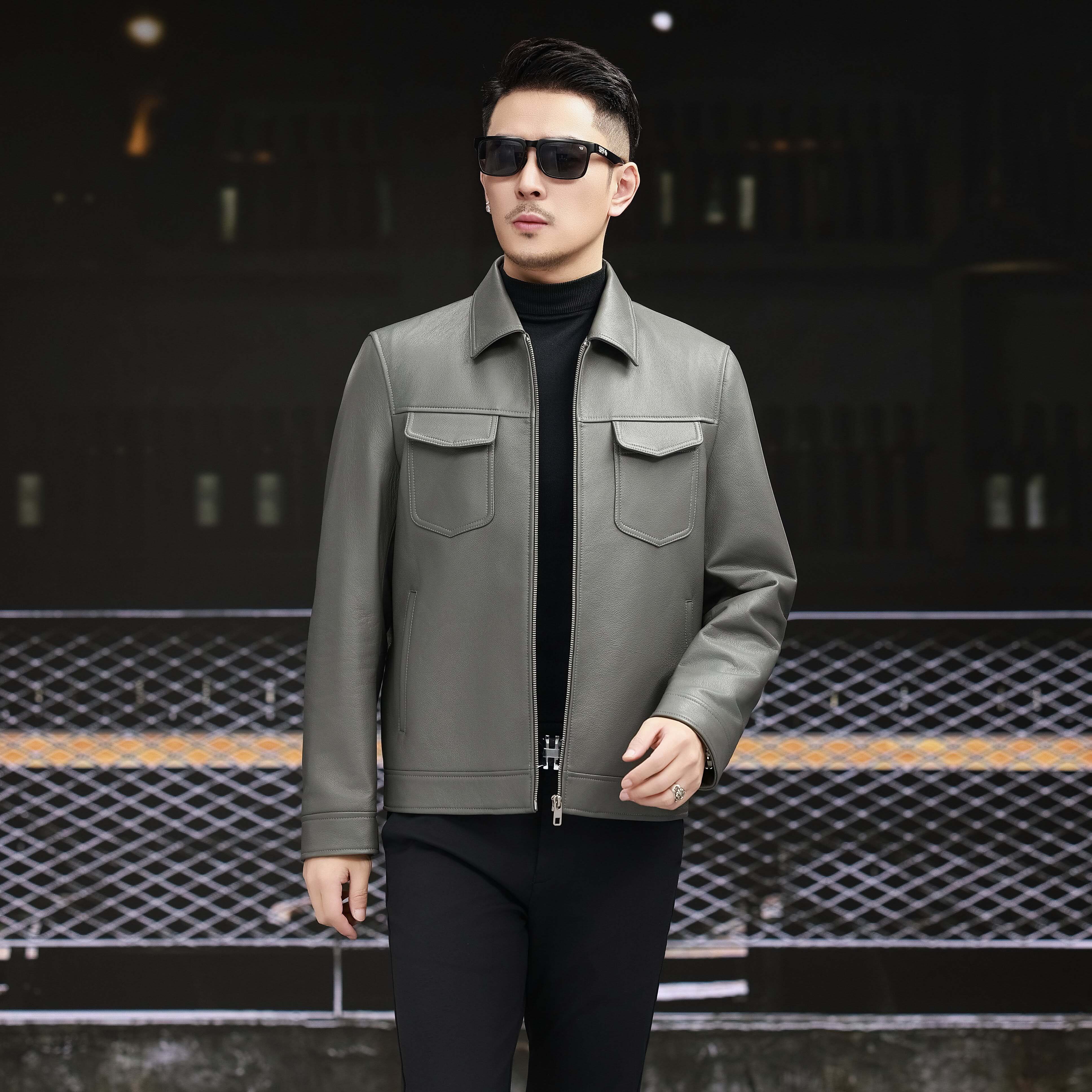 【名弛精选】海宁春秋新款男士真皮头层牛皮商务休闲夹克25807-1