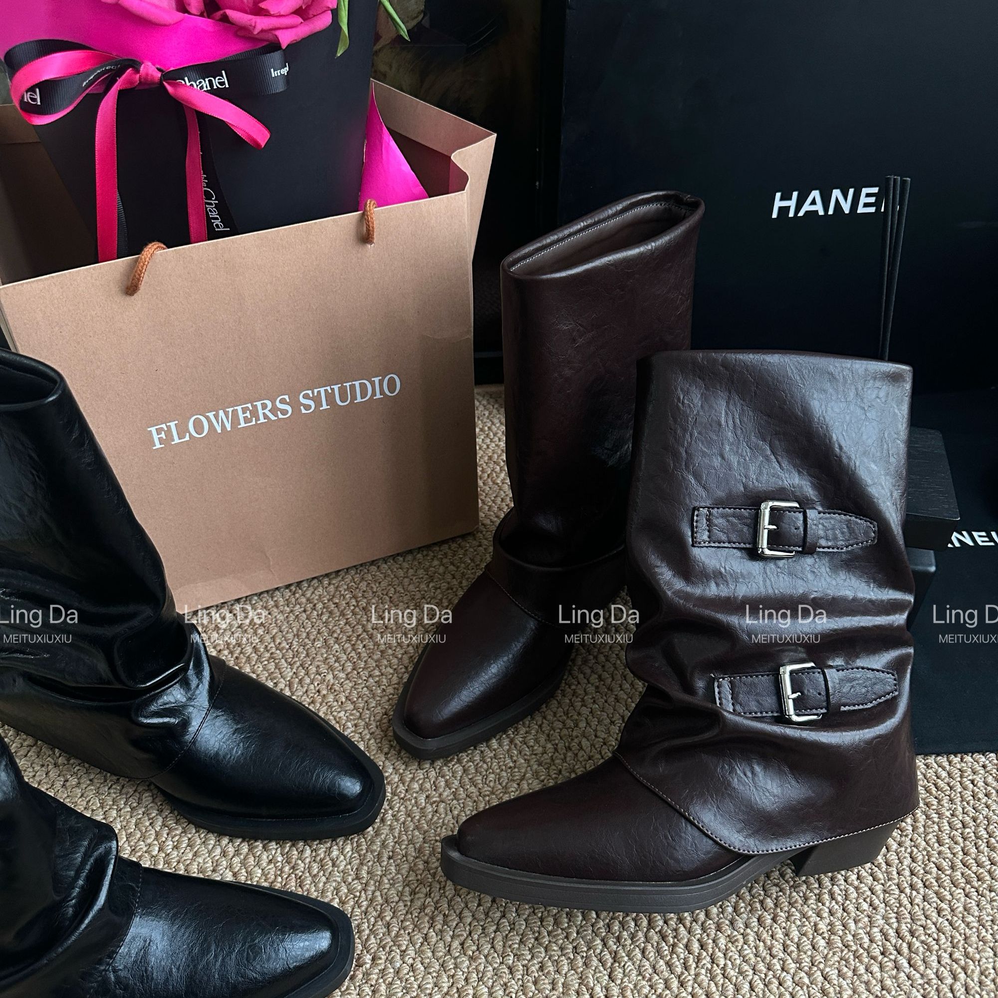 L玲L哒~2025 欧洲站时尚裤管靴 高跟加绒皮带扣袢 尖头粗跟英伦风