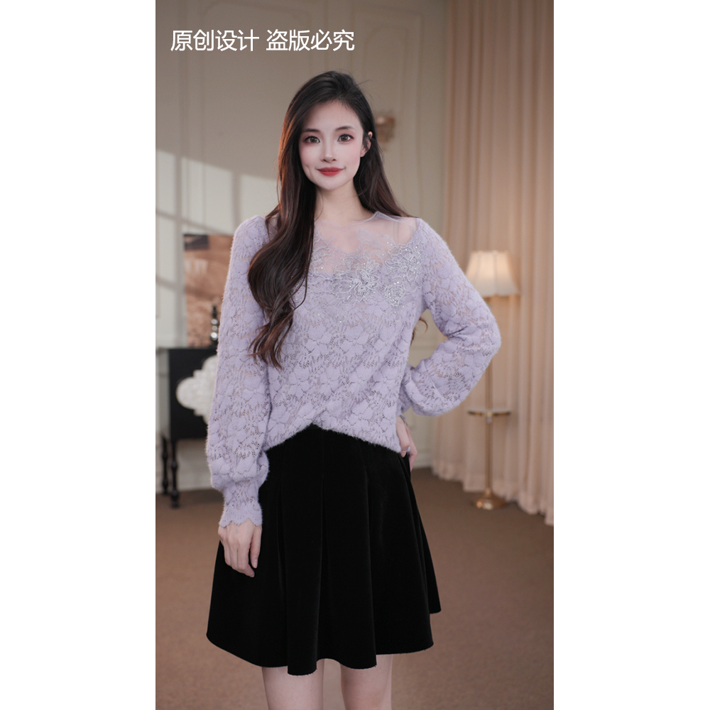 旷宁宁·仙欲美神·秋冬装花朵时尚设计感亮片小衫上衣女装-