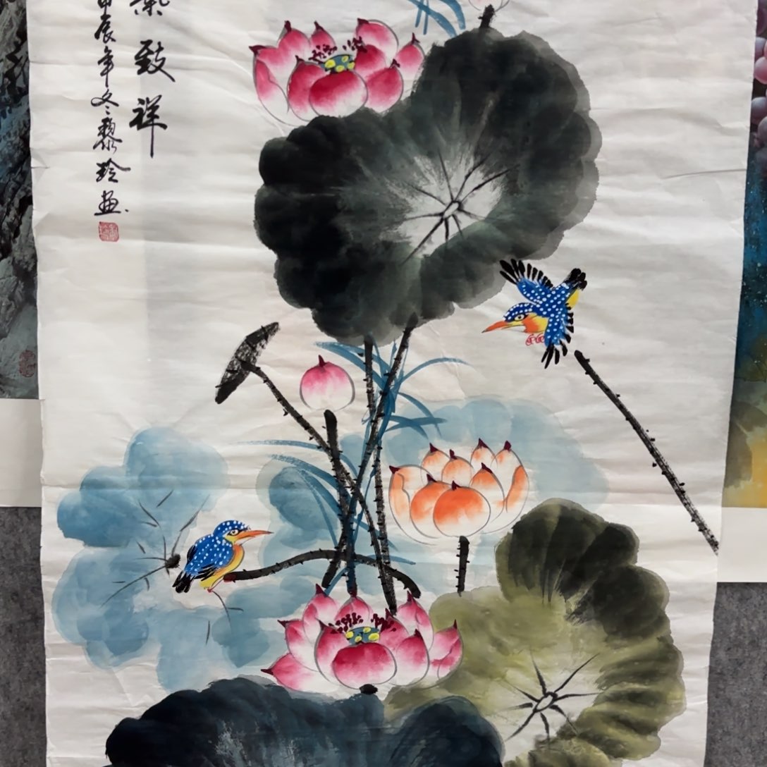 国画黎玲画家作品花鸟山水纯手绘荷花