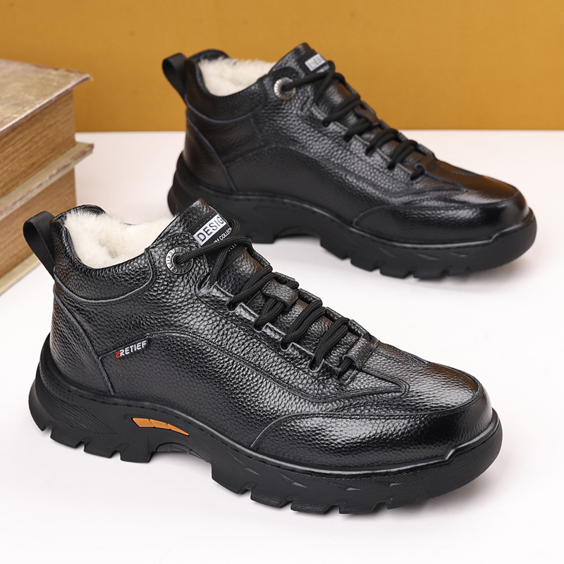 冬季棉鞋男加绒加厚羊毛保暖中老年爸爸真皮高帮防滑雪地8899