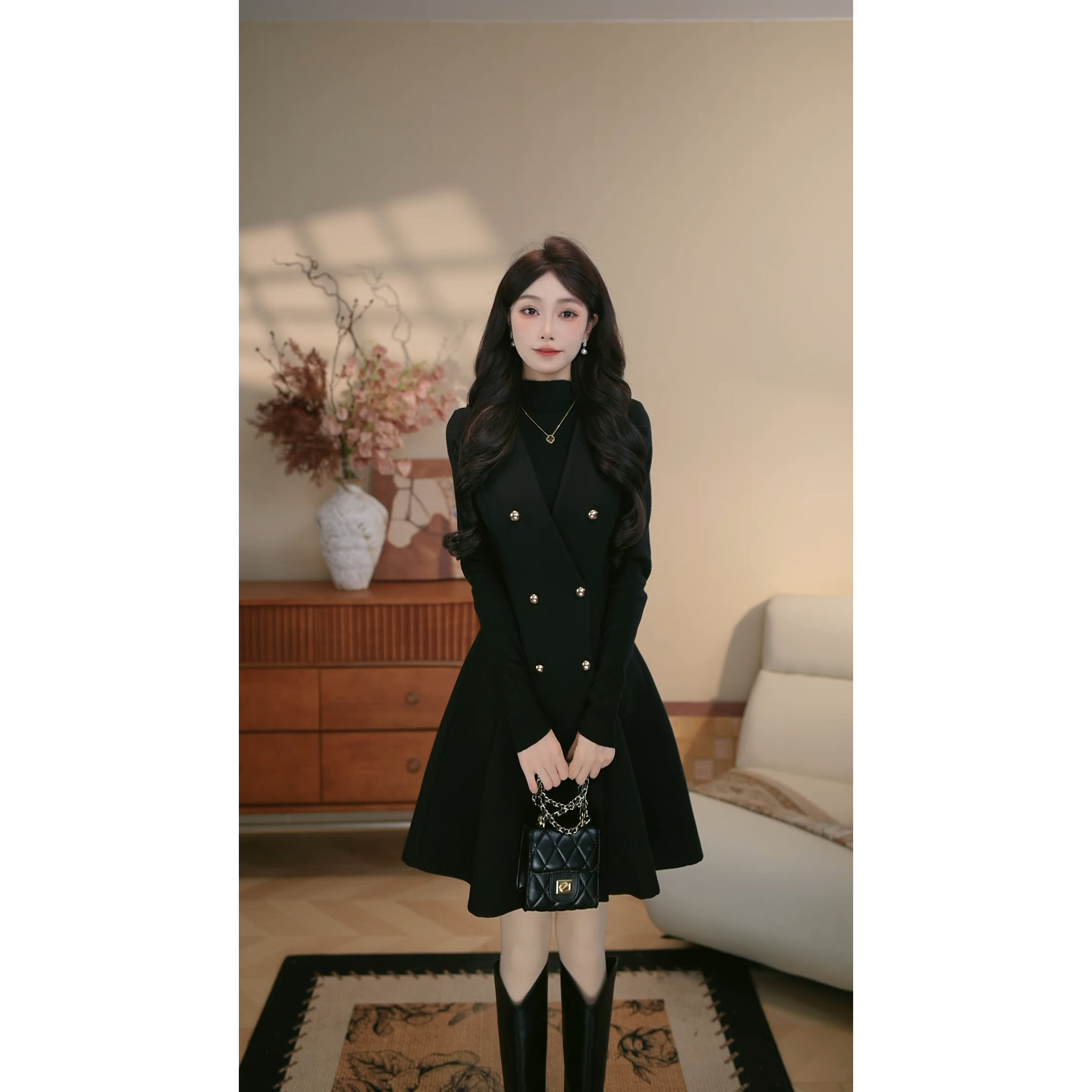 《赫本裙》秋冬重工羊毛毛呢法式气质打底衫+背心裙两件套