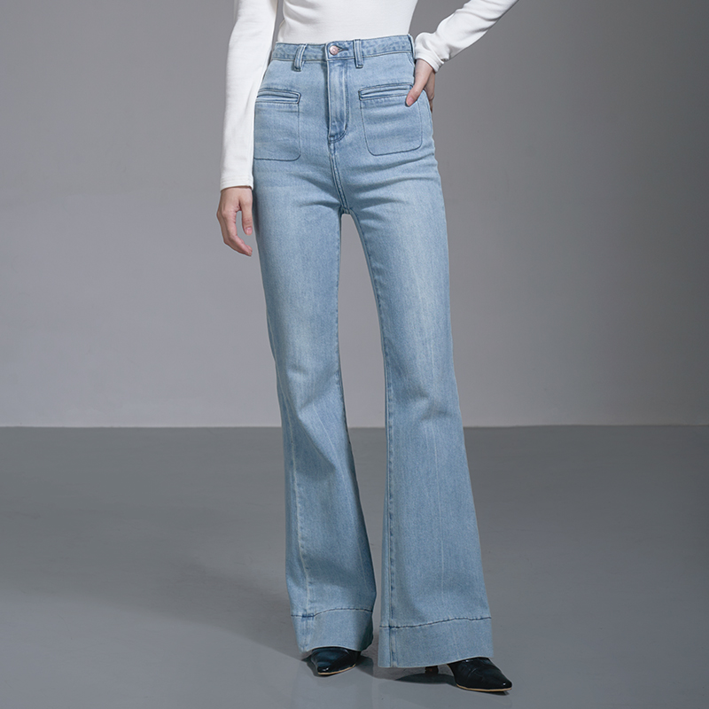 MOVE BY 百搭修身蓝色微喇牛仔裤女纯棉柔软高级感秋冬拖地裤7058