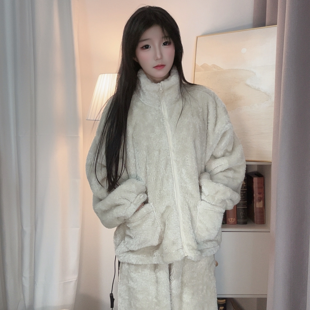 秋冬季保暖家居服套装女加厚加绒纯色长袖宽松可外穿