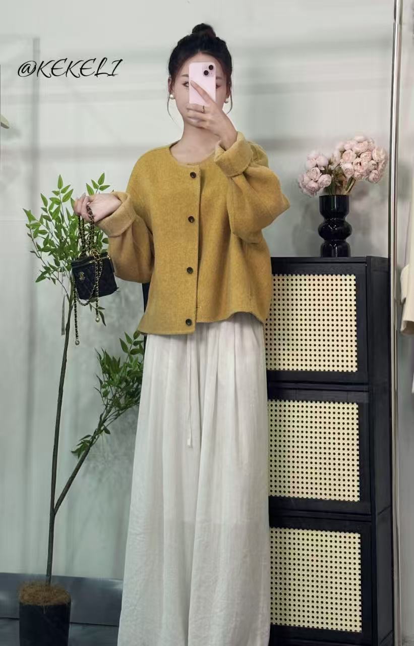 （清仓）秋冬圆领落肩袖毛呢外套70羊毛短款上衣休闲时尚百搭显瘦