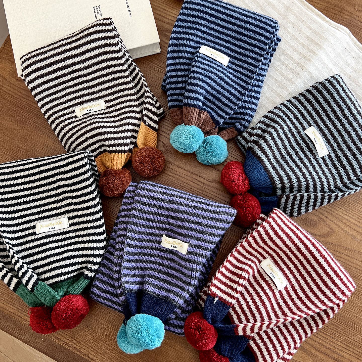 Fanybaby秋冬撞色儿童条纹围巾彩色毛球宝宝围脖男女童