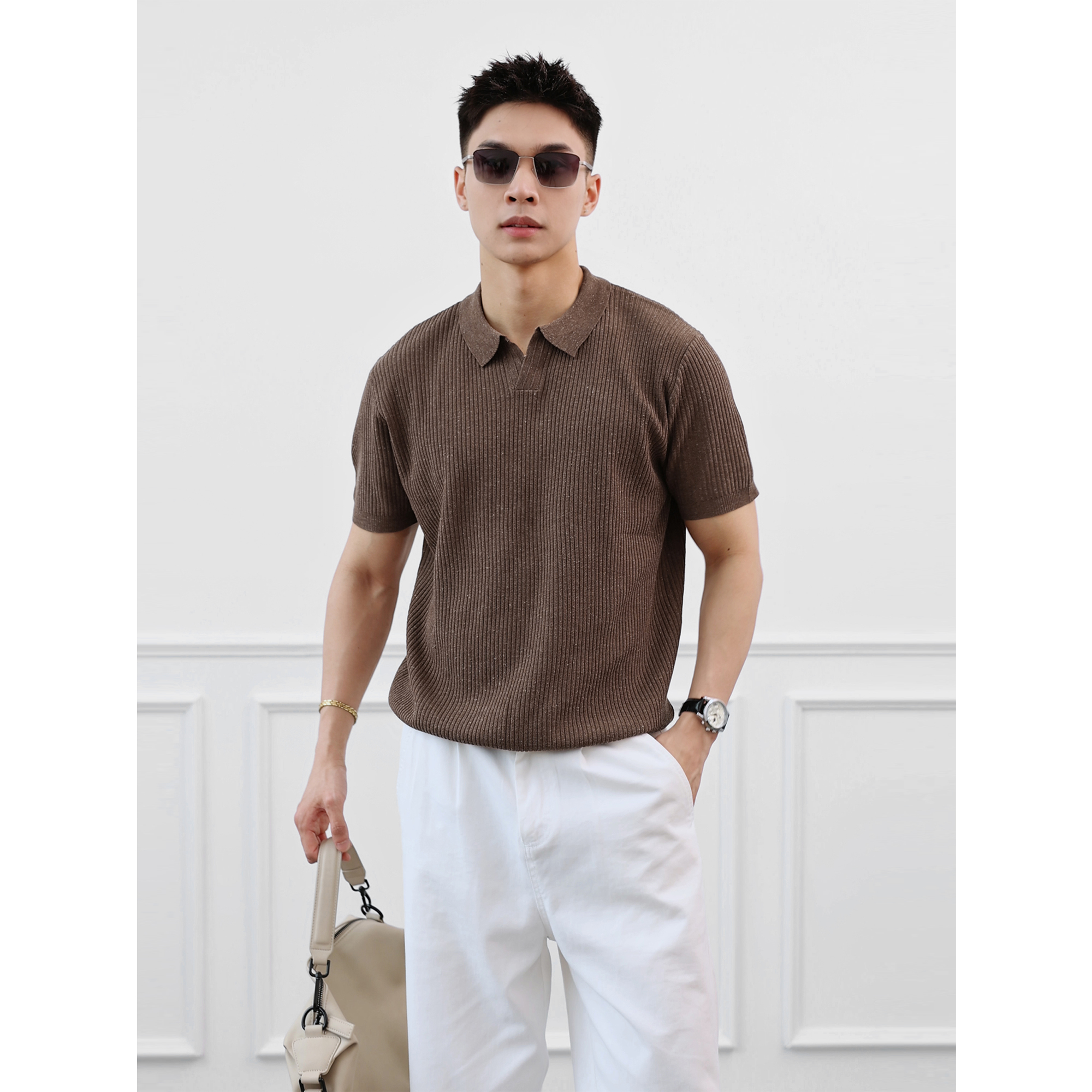 『黄昏朔望 云纹隐现』老钱莱赛尔亚麻花纱混纺暗纹肌理针织POLO衫