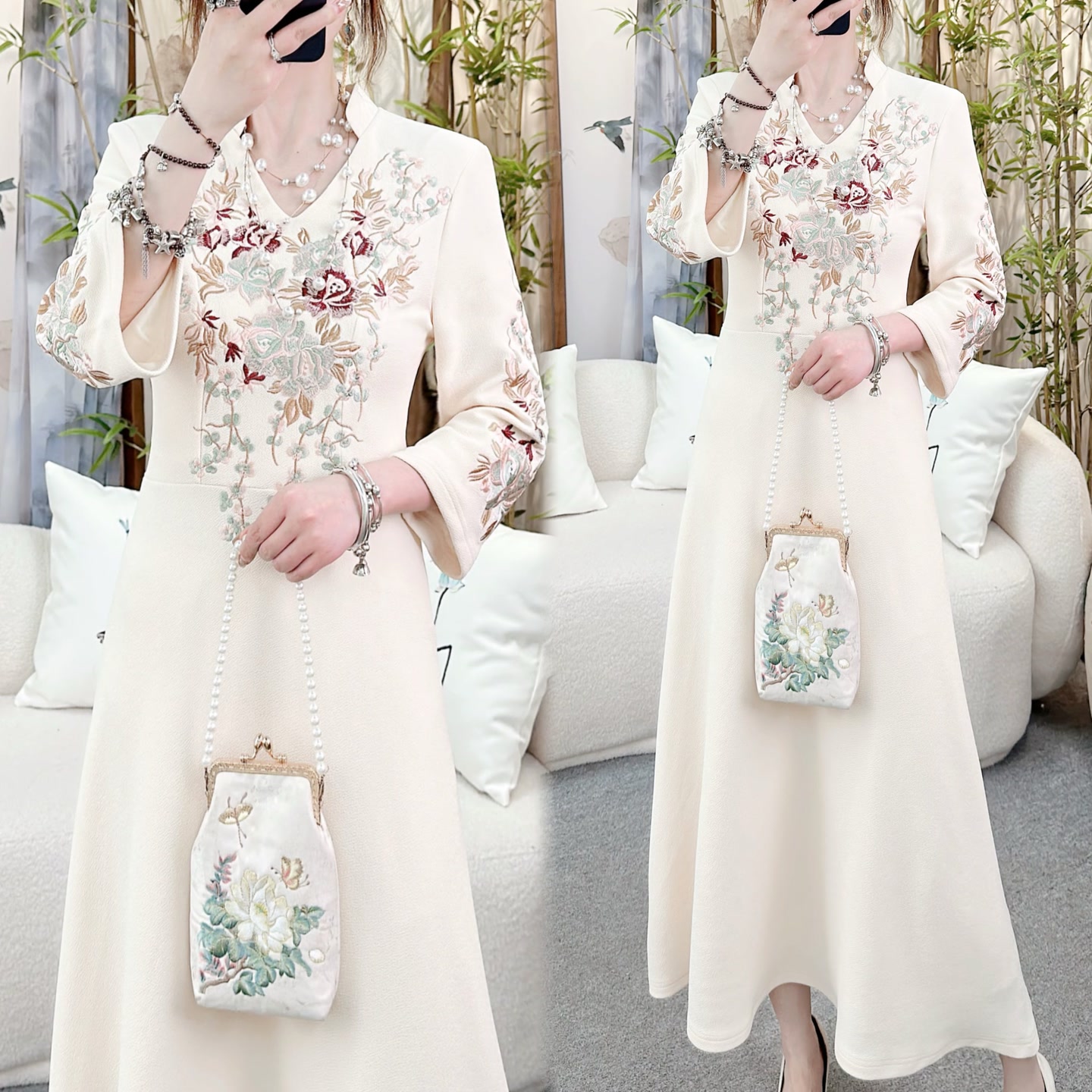 新中式国风立领修身显瘦长款刺绣日常休闲百搭连衣裙8131