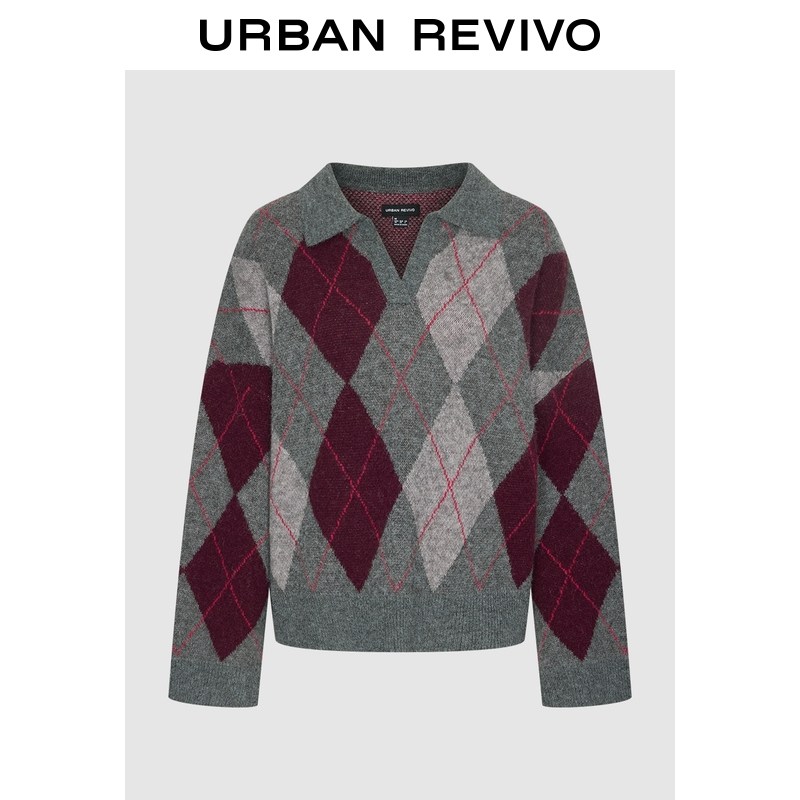 UR2026春季新款女装休闲撞色菱格POLO超宽松针织衫UWH960011