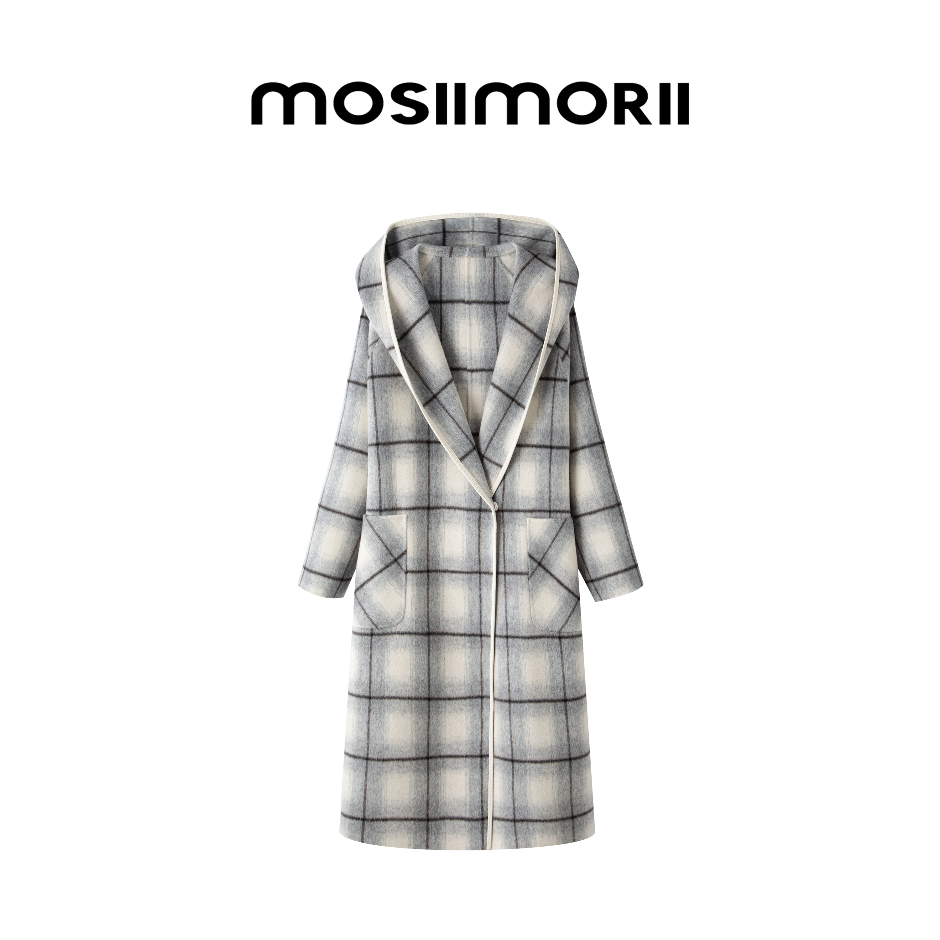 【闲庭叙诗】时尚格子冬季女士秋冬翻领连帽长款毛呢外套