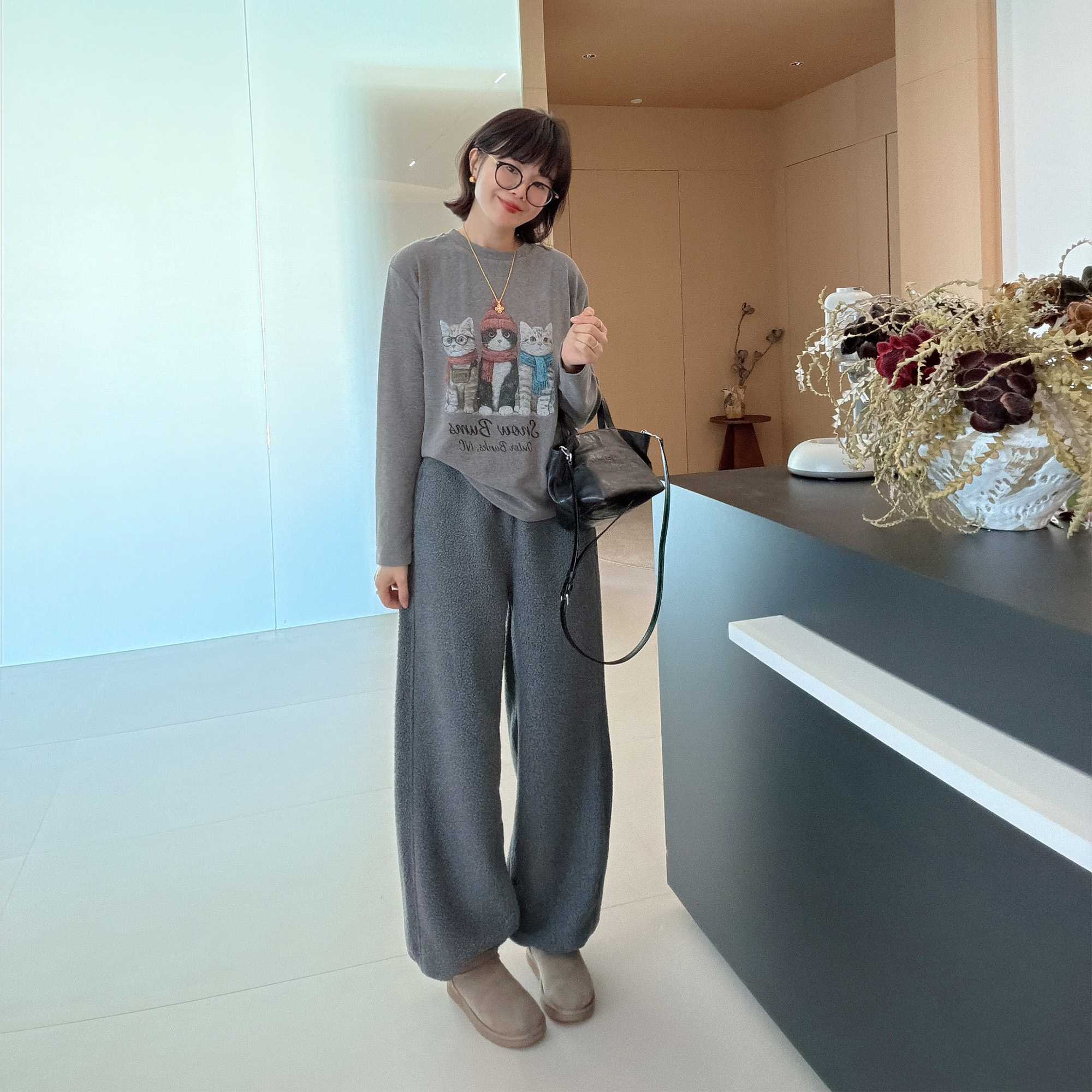 秋冬纯色高腰休闲双面奥粒绒保暖长裤