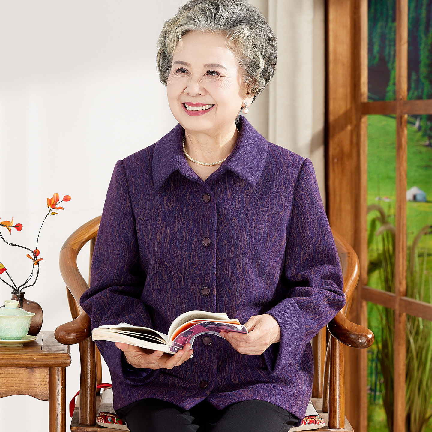 老年人秋装女奶奶装呢子外套60岁70妈妈春秋天呢上衣老太太衣服