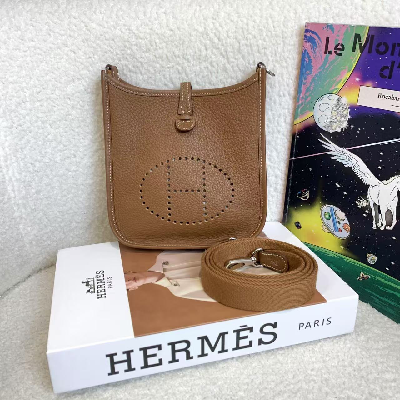 99新 Hermes/爱马仕 壹臻/金棕银扣mini伊芙琳 u刻 tc 94253340