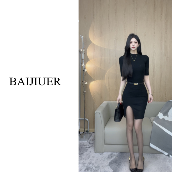 【BAIJIUER】高级感气质御姐弹力针织连衣裙女春夏收腰开叉包臀裙