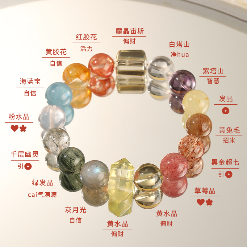 百宝纳福天然多宝手链女超七黄兔毛黄水晶黄胶花海蓝宝水晶手串