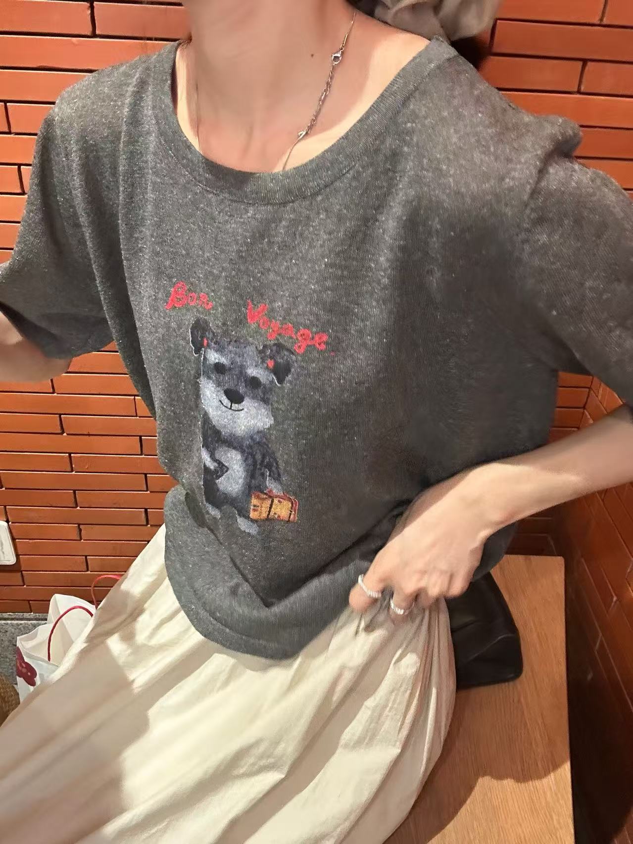 Peach自制 韩版简约潦草小狗印花短袖T恤 100593-3