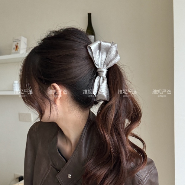 韩系巨显高级感  银色系蝴蝶结高级丸子头后脑勺高马尾大号香蕉夹