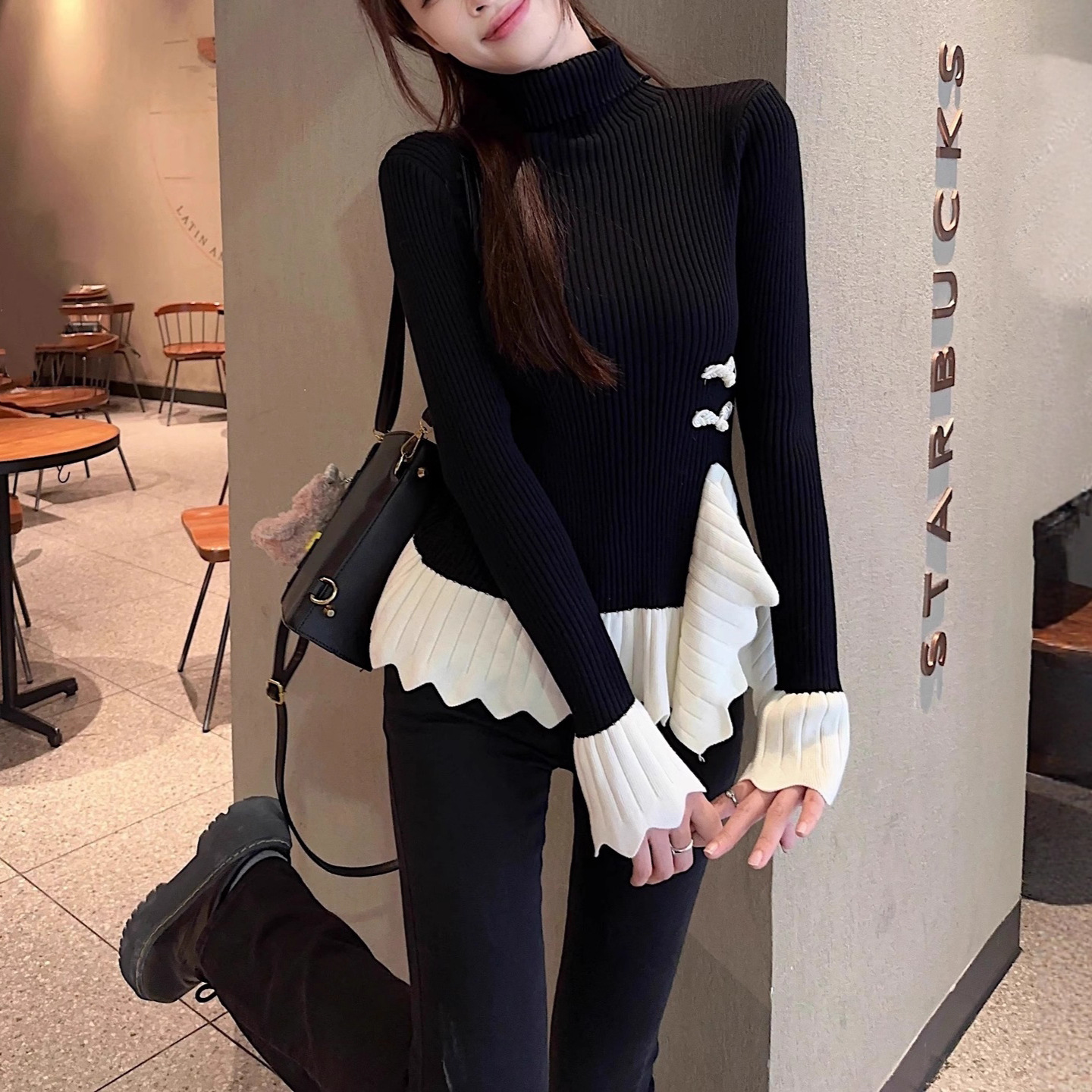 新中式撞色拼接高领针织衫女秋冬季新品辣妹设计感不规则打底上衣