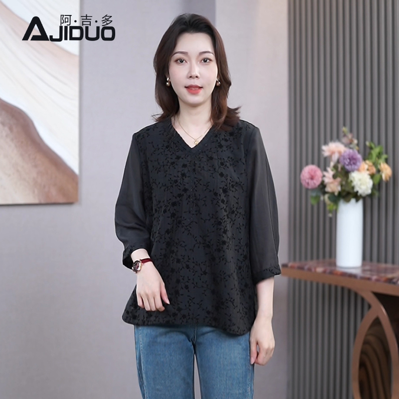阿吉多A21312黑色七分袖衬衫女春夏新款提花洋气小衫气质大码上衣