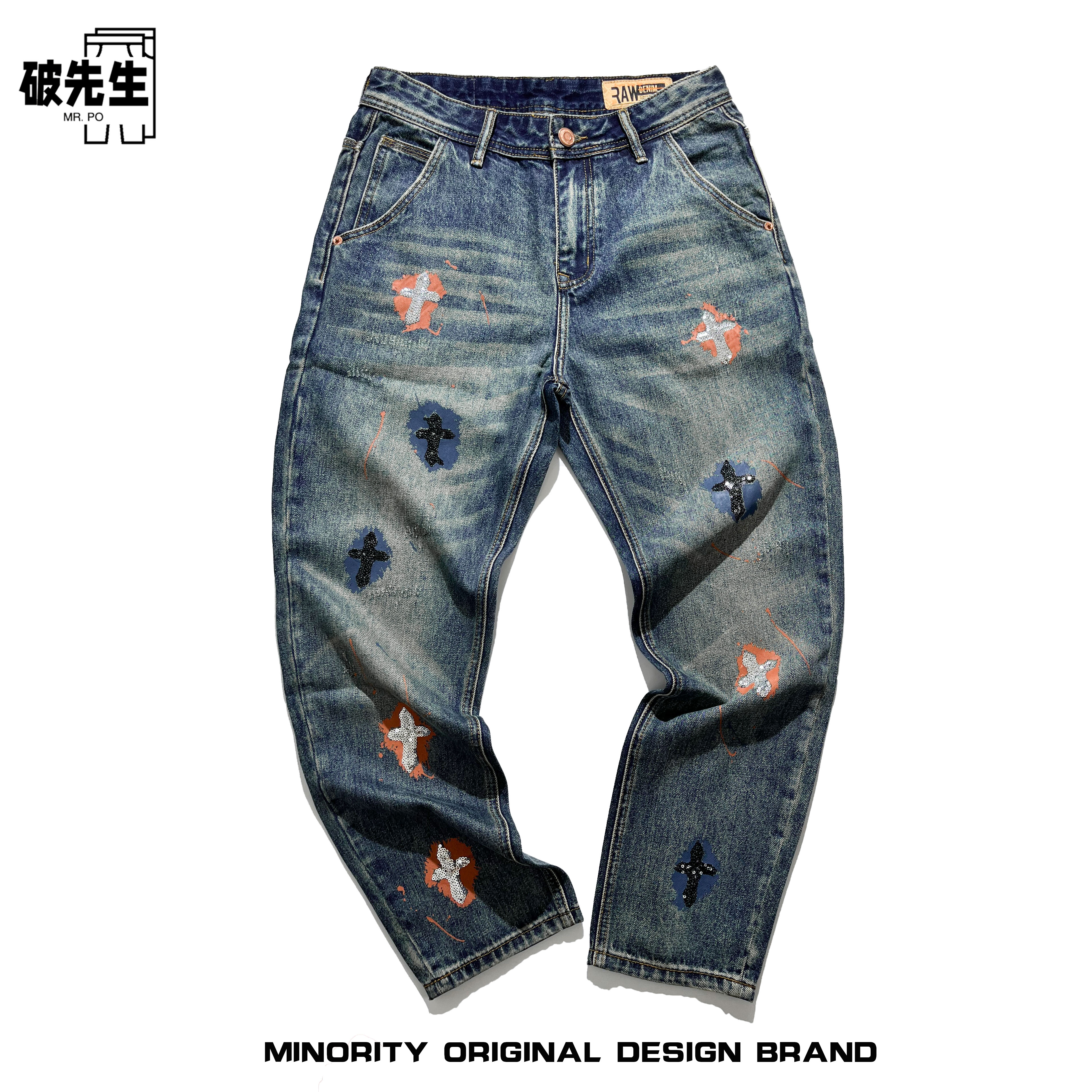 Mr.po/破先生美式街头痞帅气泼漆十字架钻石亮片牛仔裤男宽松直筒