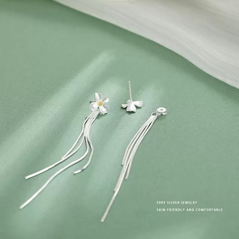 足银银制品 足银淡雅栀子花6230系列女新款锁骨链气质耳环