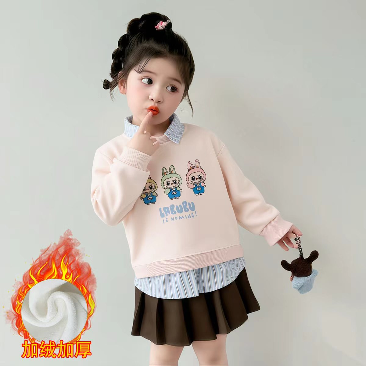 女童卫衣秋冬加绒新款儿童假两件打底女孩洋气休闲上衣