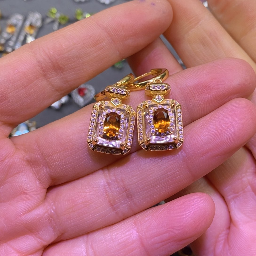 黄晶耳饰银S925镶嵌耳扣