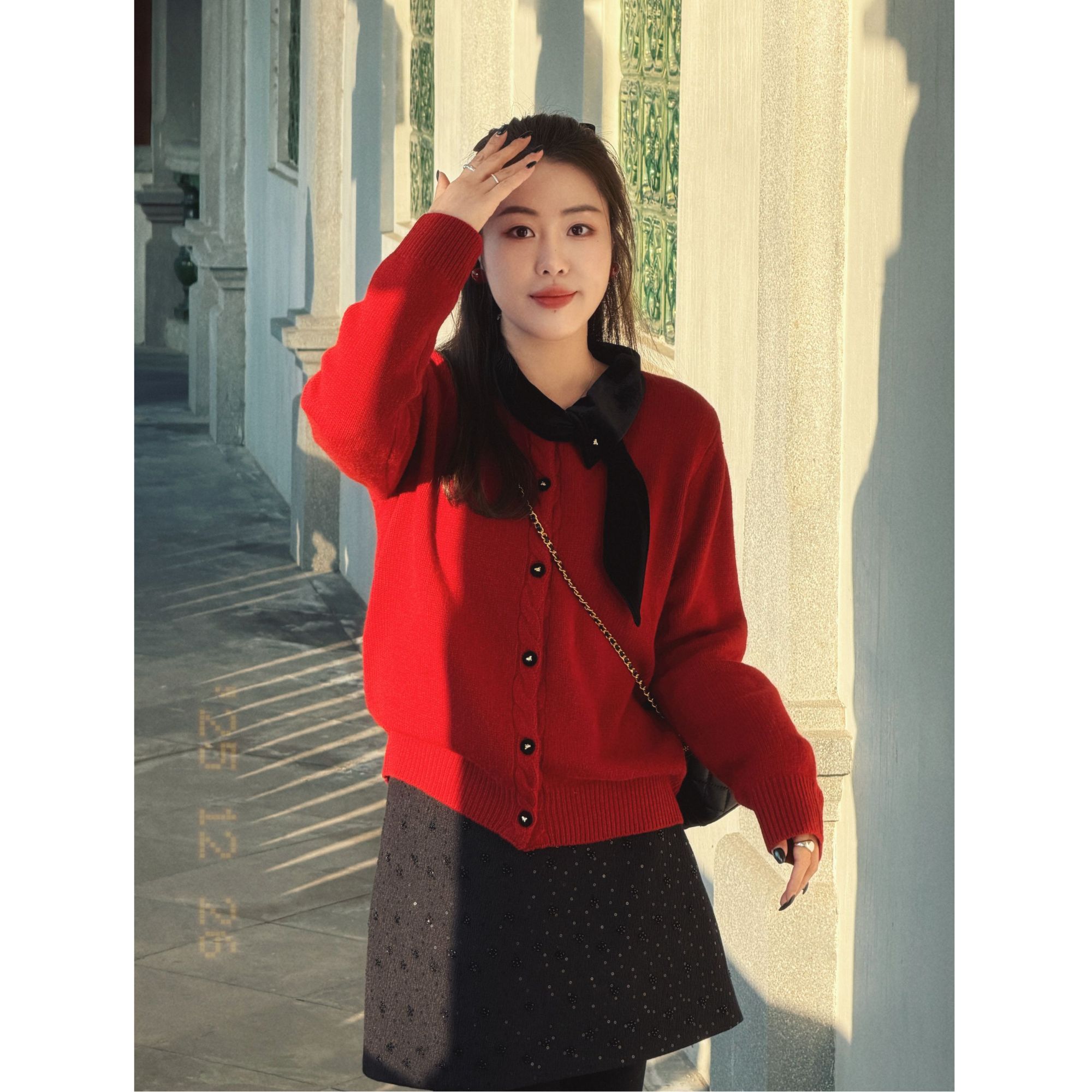 丝绒领结羊毛针织开衫