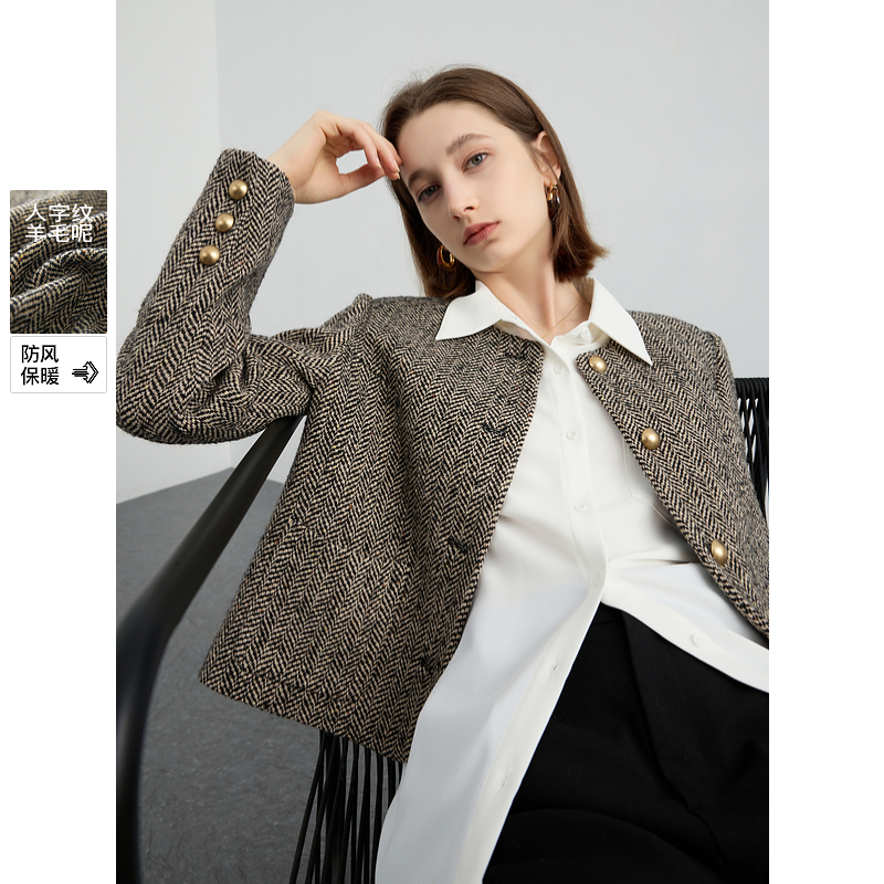 【达人专属】三彩2024冬季新款复古老钱风毛呢夹棉外套绵羊毛dbq