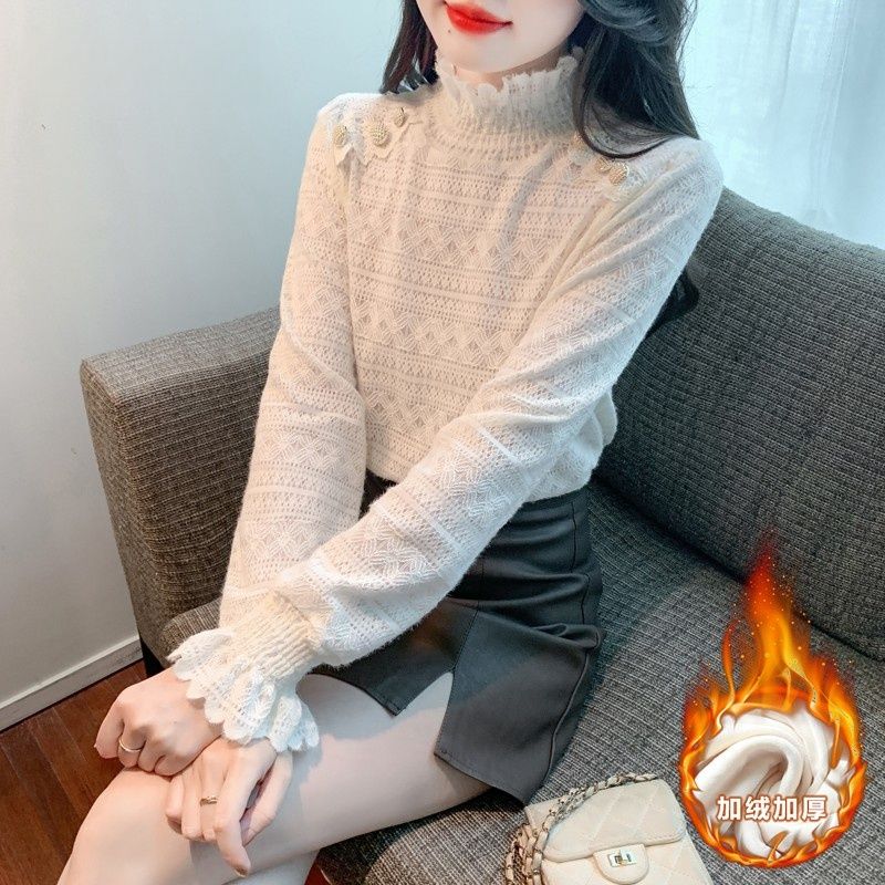 秋冬季内搭加绒外穿植绒蕾丝打底衬显瘦衬衫蕾丝衫半高领洋气上衣