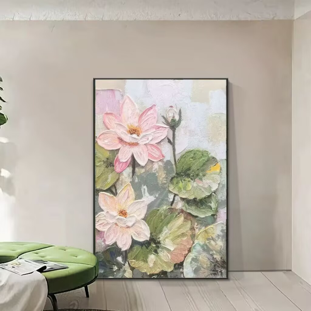 抽象艺术荷花肌理手绘油画奶油风玄关装饰画好运连连客厅挂画Y26