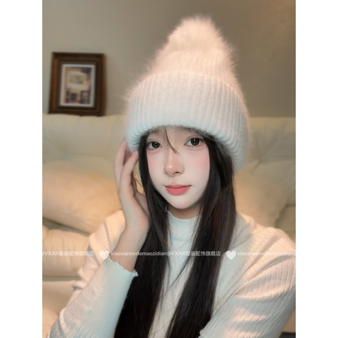 韩版多色系毛球可拆毛线帽女秋冬可爱百搭保暖帽双层护耳兔毛混纺