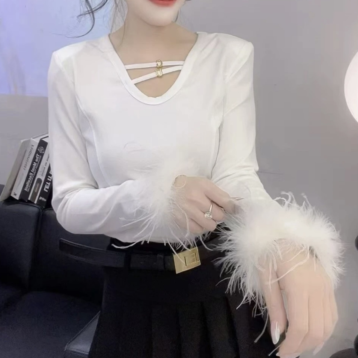 195欧洲站2025秋新款金属牌修身t恤时尚洋气套头长袖打底衫上衣潮