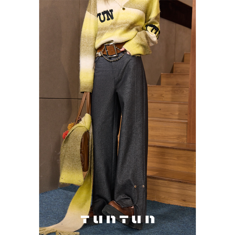 吞吞TUNT【裤脚自由】可休闲可干练 黑灰休闲阔腿裤