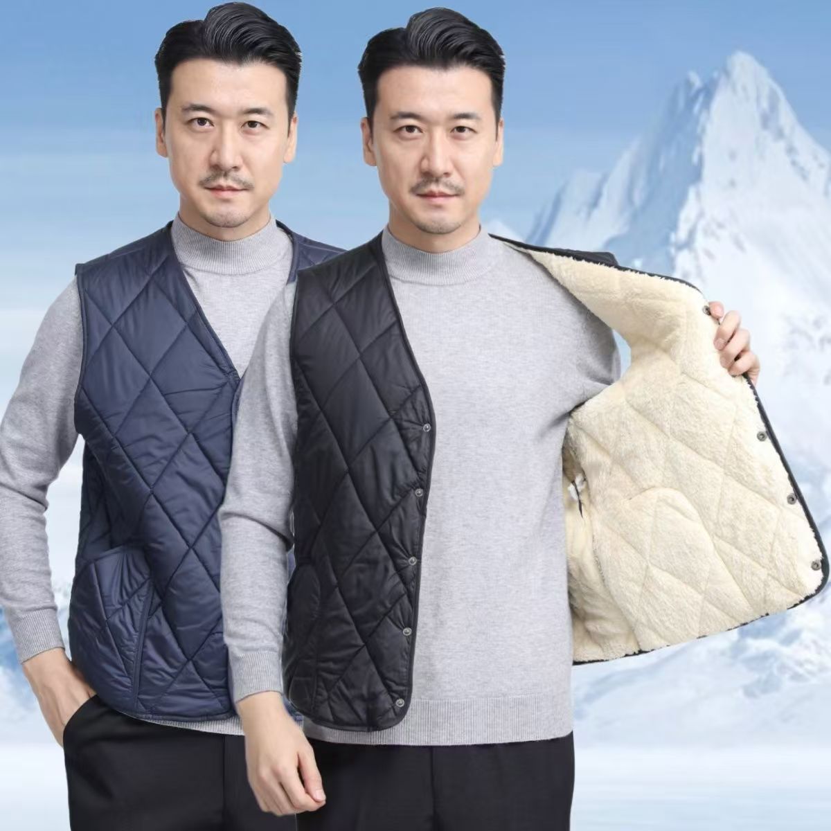 羊羔绒加厚坎肩棉马甲男保暖背心加厚加绒中老年人爸爸