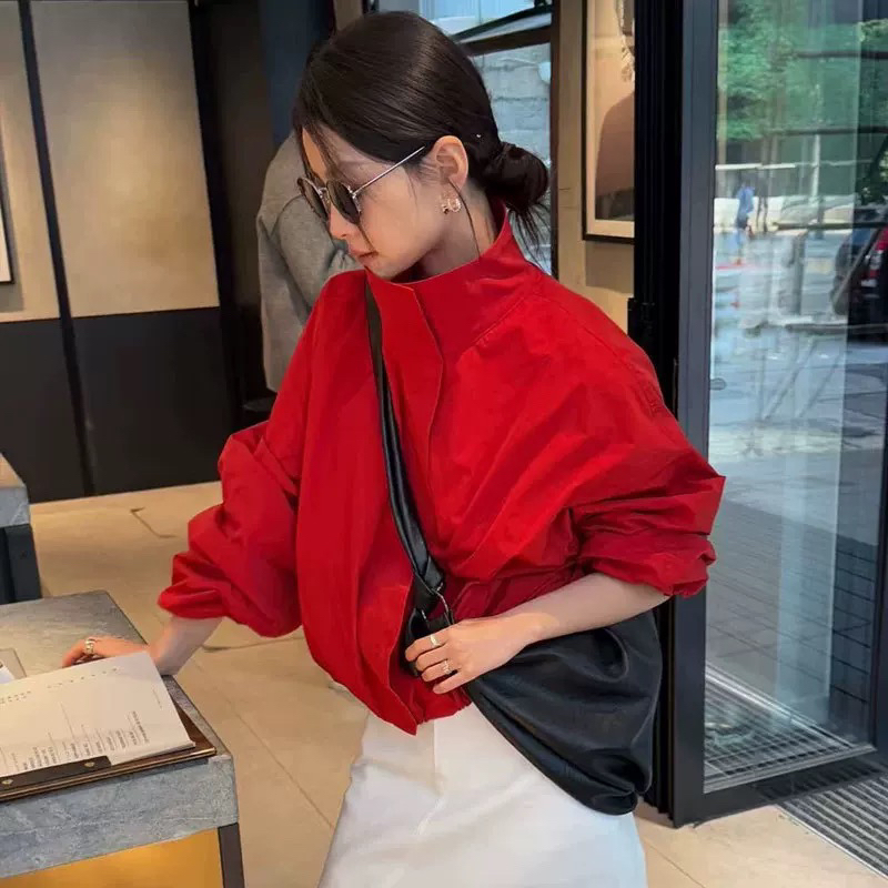 欧货2025春夏新款韩版立领宽松显瘦抽绳收腰休闲短款外套女
