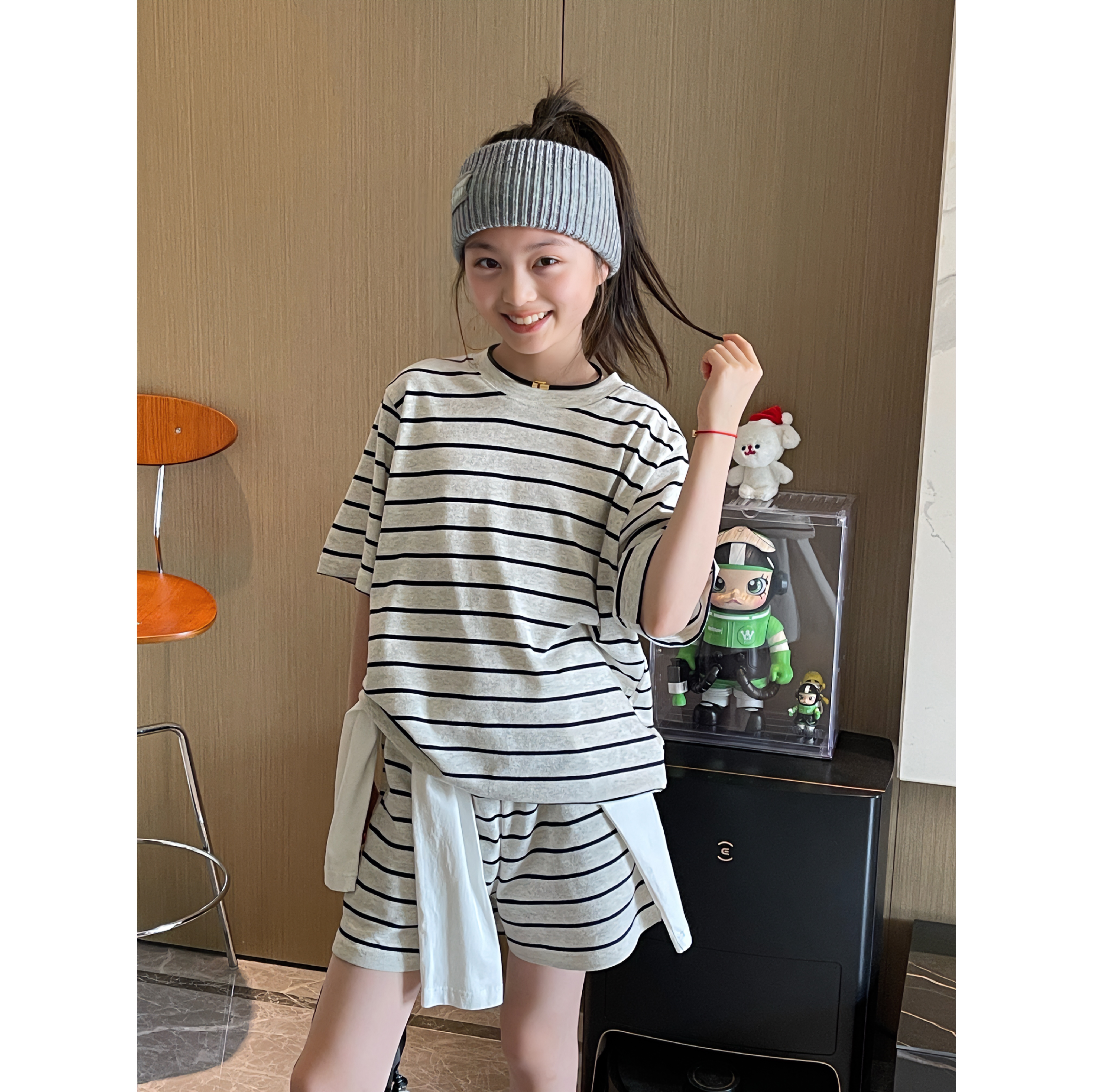 YUUKO 慵懒感百搭宽松横条纹T恤短裤套装—25052