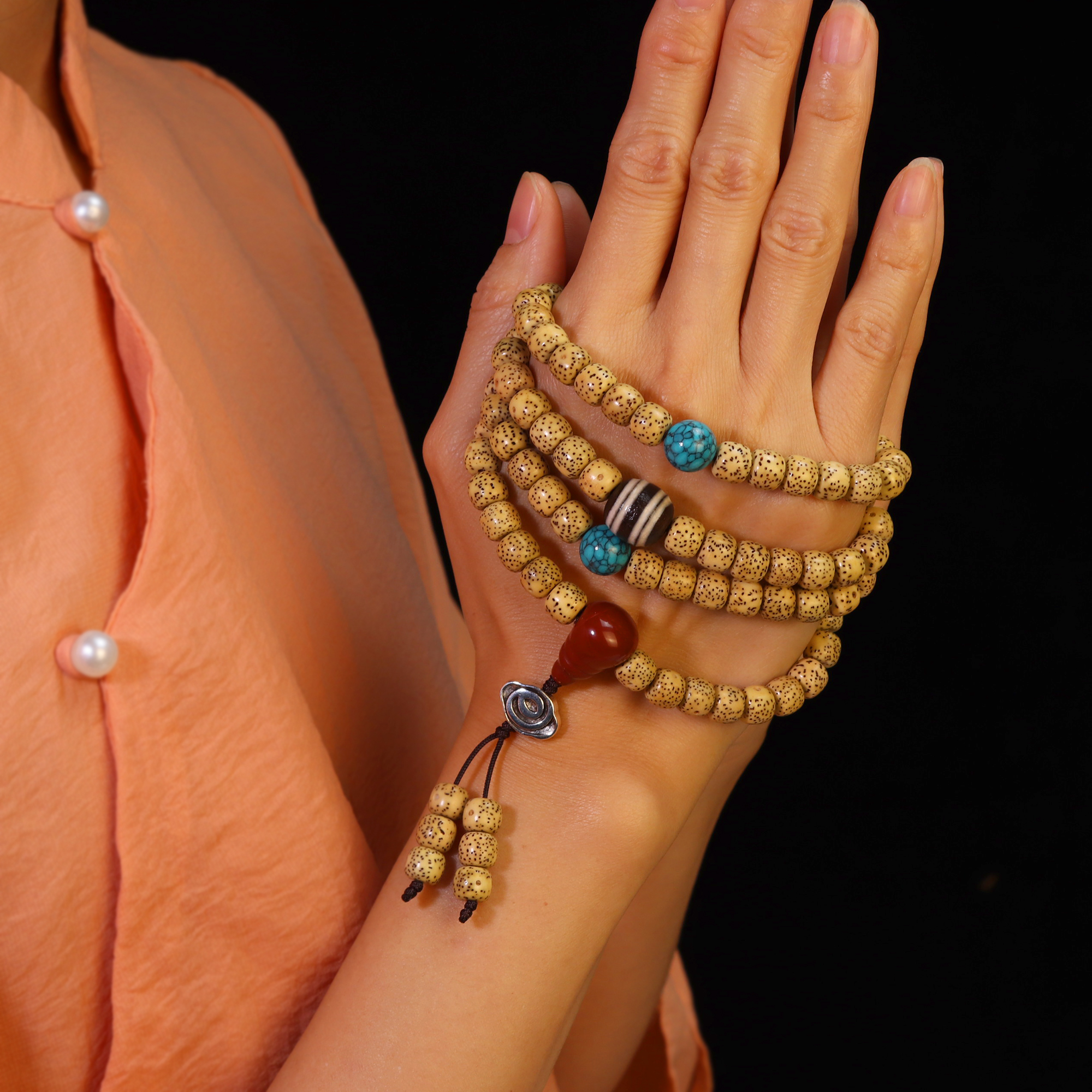 鸡油黄8*7星月菩提手串老型108颗佛珠念珠项链